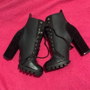 Black lace up chunk heel